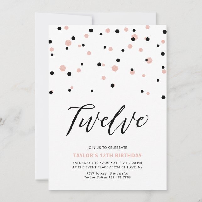 Invitation Black & Rose Gold Girl 12e fête d'anniversaire Ado (Devant)