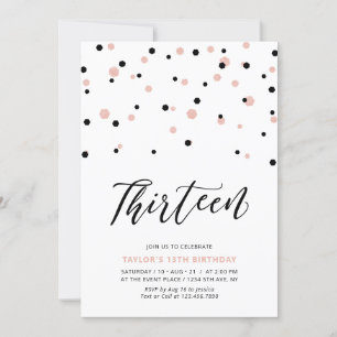 Invitation Black & Rose Gold Girl 13e fête d'anniversaire Ado