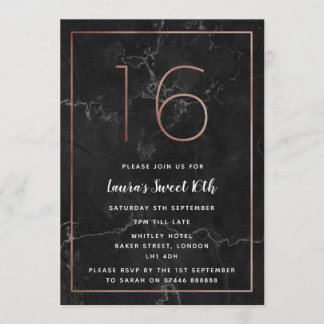 Invitation Black & Rose Gold Marbled 16e anniversaire Invitat