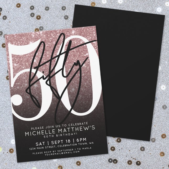 Invitation Black Rose Gold Parties scintillant 50e anniversai (Black Rose Gold Glitter 50th Birthday Invitation)
