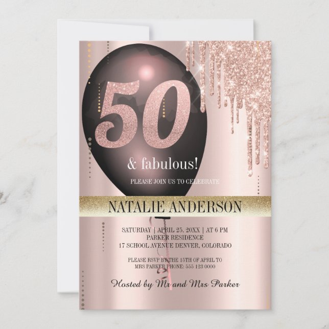 Invitation Black Rose Gold Parties scintillant Balloon 50e an (Devant)