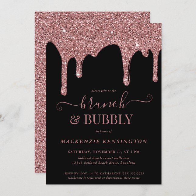 Invitation Black Rose Gold Parties scintillant Drives Brunch  (Devant / Derrière)