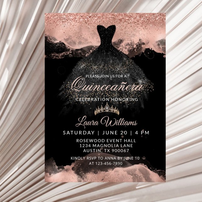 Invitation Black & Rose Gold Princess Dress Quinceañera (Rose Gold and Black princess quinceañera Birthday invitation)