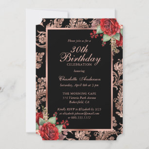 Invitation Black Rose Gold Red Floral 30e anniversaire