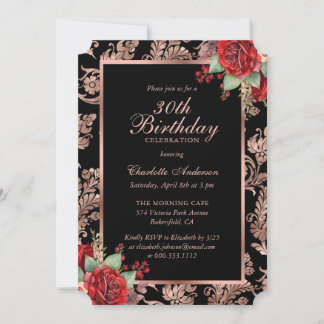 Invitation Black Rose Gold Red Floral 30e anniversaire