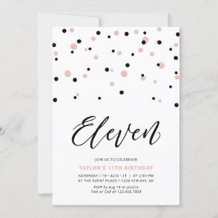 Invitation Black & Rose Gold Simple 11ème fête d'anniversaire
