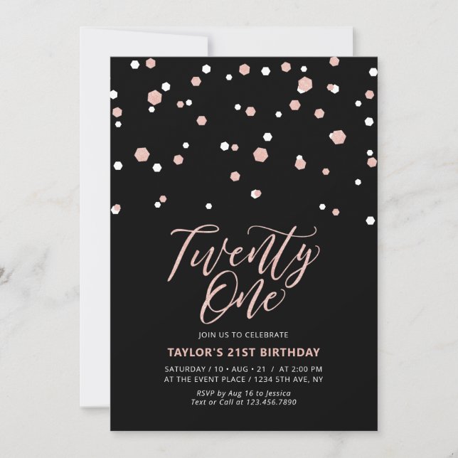 Invitation Black & Rose Gold Twenty One 21e Anniversaire Fête (Devant)