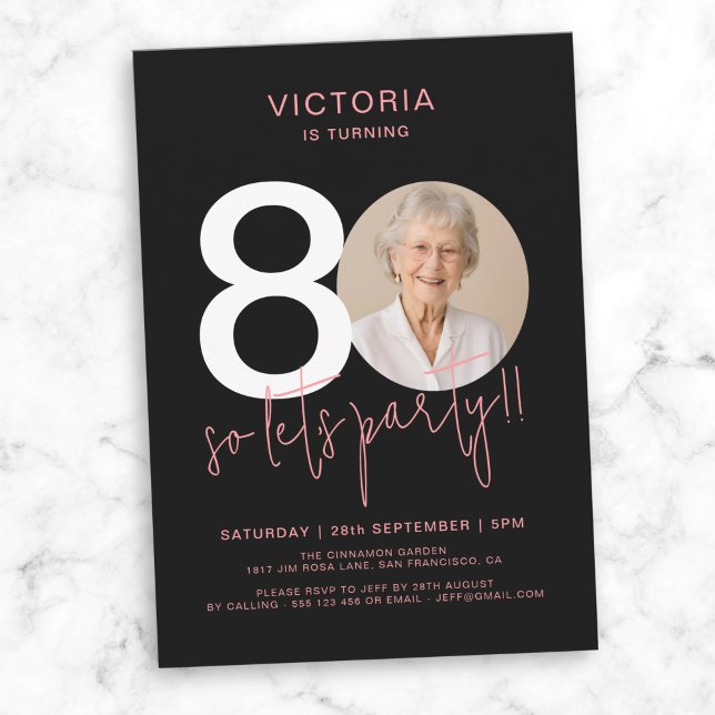 Invitation Black Rose moderne 80e anniversaire (Modern Black Pink Photo 80th Birthday Invitation)