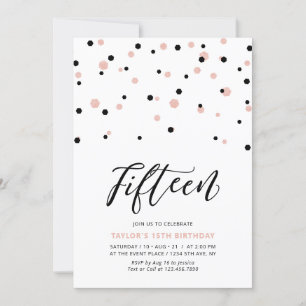Invitation Black & Rose or Fille 15ème Ado fête d'anniversair