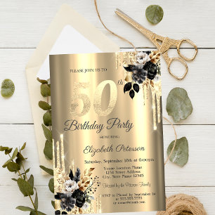 Invitation Black Rose Parties scintillant Drips Gold 50e anni