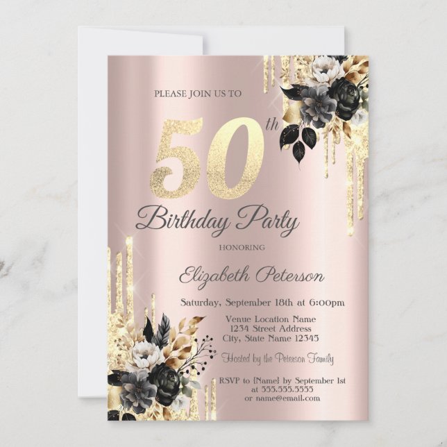 Invitation Black Rose Parties scintillant Drips Rose Gold 50e (Devant)