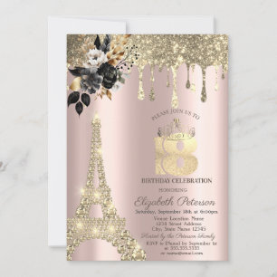 Invitation Black Rose Tour Eiffel Roulettes d'or Sweet 18