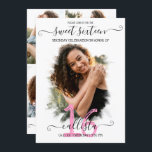 Invitation Black Rose White Halo photo Collage Sweet 16<br><div class="desc">Cette jolie et girly sweet sixteen anniversaire photo collage invitation est parfait pour la fille branchée et élégante. Il est doté d'un simple halo de brosse blanc au-dessus d'une grande photo de fonction et d'élégante typographie manuscrite en écriture cursive noire et rose. Sur le dos, quatre images personnalisables et les...</div>