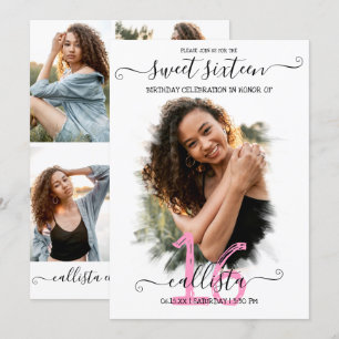 Invitation Black Rose White Halo photo Collage Sweet 16
