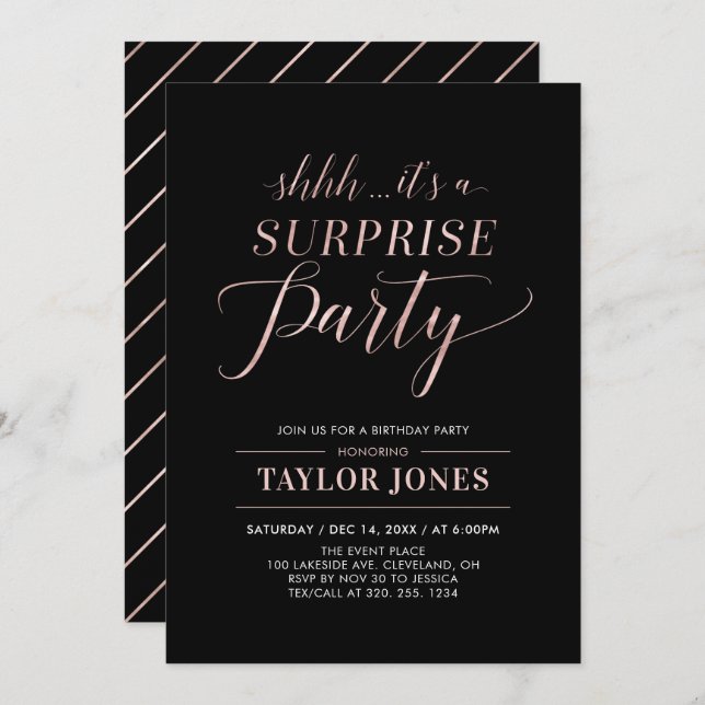 Invitation Black & Rosegold | Fête d'anniversaire surprise mo (Devant / Derrière)
