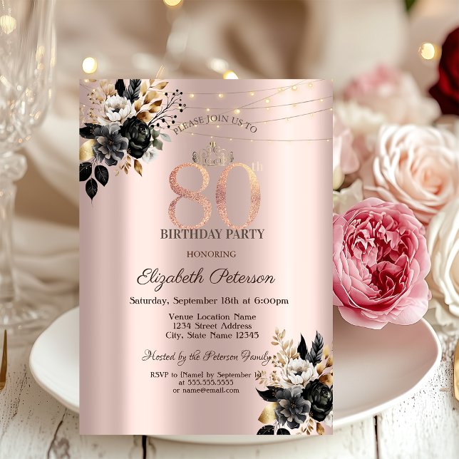Invitation Black Roses Glitter Rose Gold 80e Anniversaire   (Créateur téléchargé)