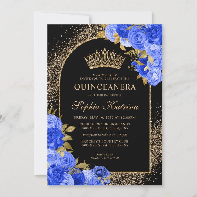 Invitation Black Royal Blue Gold Parties scintillant Floral Q (Devant)