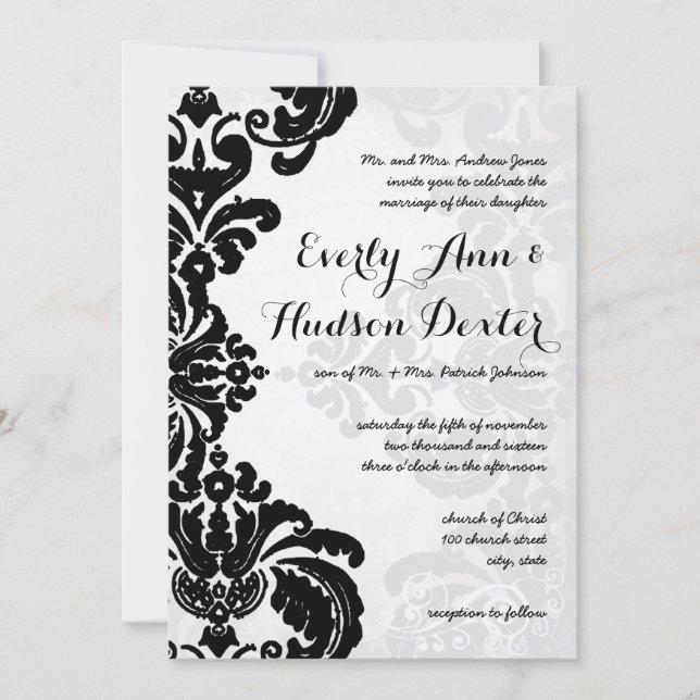 Invitation Black Rustic Luxe Vintage Mariage damassé (Devant)