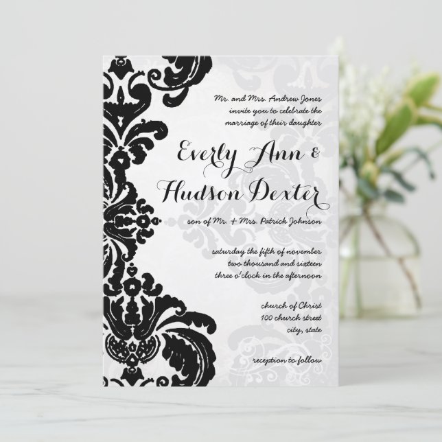 Invitation Black Rustic Luxe Vintage Mariage damassé (Debout devant)