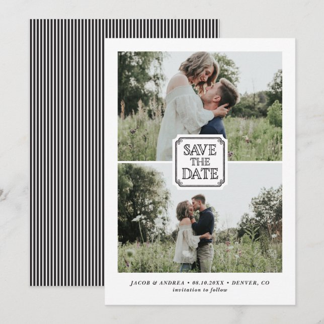 Invitation Black Rustic Two Photo Save the Date Annonce (Devant / Derrière)
