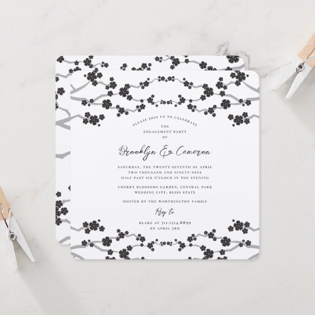 Invitation Black Sakura Cerry Blossoms Classy Mariage asiatiq (Devant/Arrière en situation)