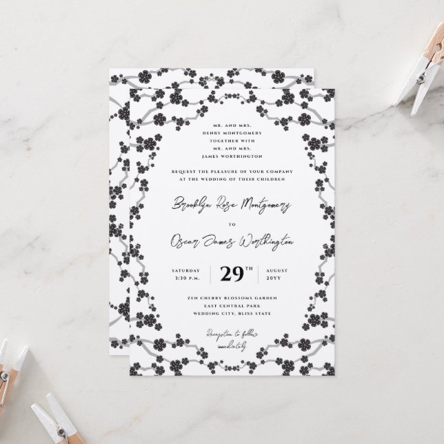 Invitation Black Sakura Cerry Blossoms Mariage asiatique élég (Devant/Arrière en situation)