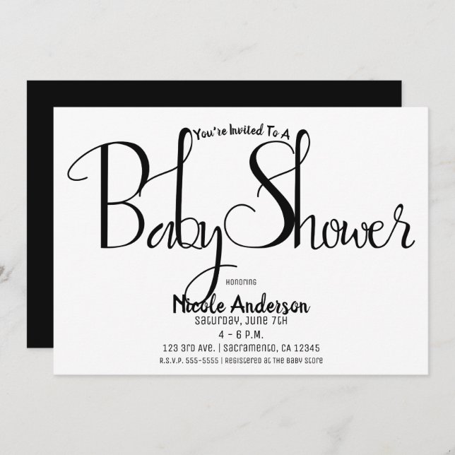 Invitation Black Script Modern Minimal Baby shower Party (Devant / Derrière)