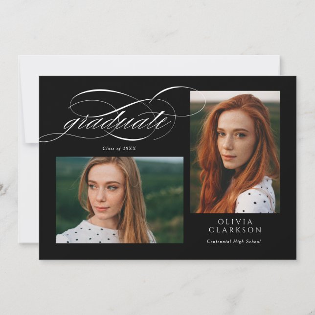 Invitation Black Script QR Code 3 Photo Graduation Party (Devant)