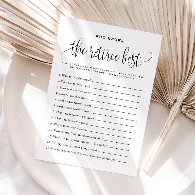 Invitation Black Script Who Knows the Retiree Best Game Card (Créateur téléchargé)