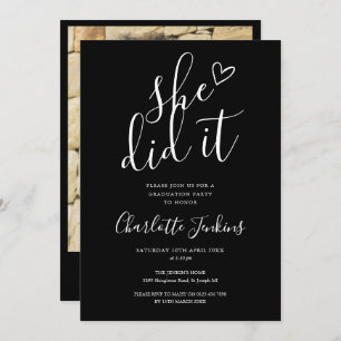 Invitation Black She It Script Photo Graduation Party