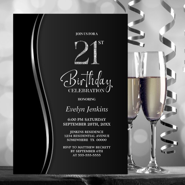 Invitation Black Silver 21e fête d'anniversaire (Créateur téléchargé)