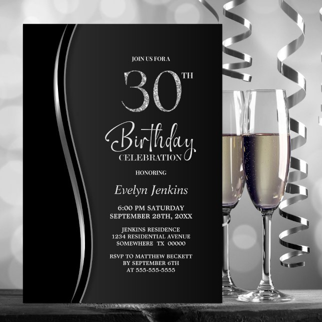 Invitation Black Silver 30th Birthday Party (Créateur téléchargé)