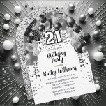 Invitation Black Silver Balloons 21ème anniversaire<br><div class="desc">Célébrez en style avec cette invitation vibrante et captivante à la fête du 21e anniversaire, avec un magnifique design en cascade en arc de ballon dans les tons noir et argent, et accentué avec le blanc. Le "21" audacieux du centre apporte une touche ludique mais chic, donnant le ton d'une...</div>