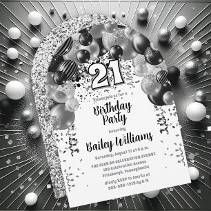 Invitation Black Silver Balloons 21ème anniversaire