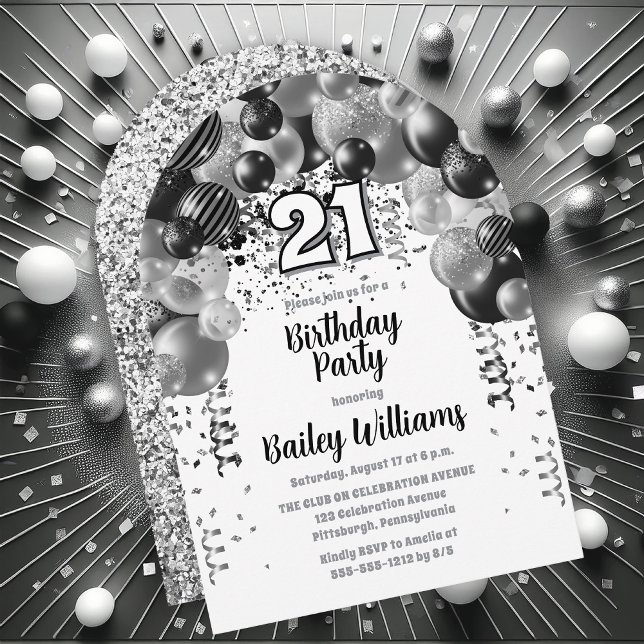 Invitation Black Silver Balloons 21ème anniversaire (Black | Silver Balloons "21" 21st Birthday Party Invitations - Print and/or Download Available)