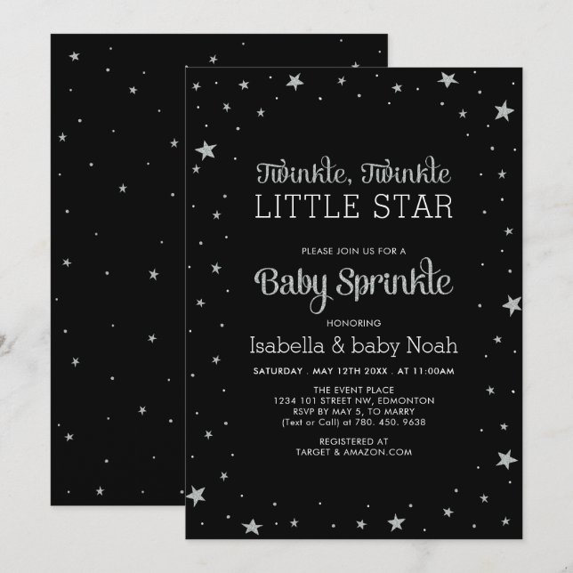 Invitation Black & Silver | Bébé Scintille Petite Étoile Show (Devant / Derrière)