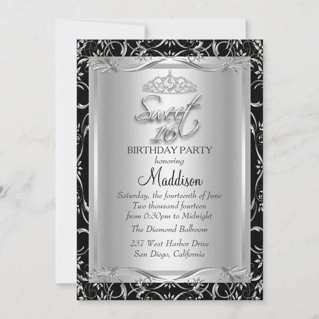 Invitation Black Silver Damask & Tiara Sweet 16 (Devant)