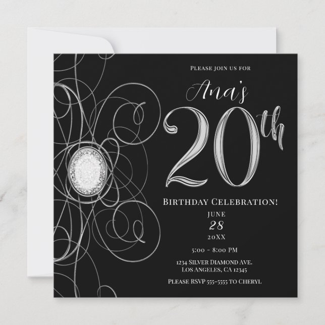 Invitation Black & Silver Diamond 20 20e fête d'anniversaire (Devant)