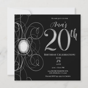 Invitation Black & Silver Diamond 20 20ème fête d'anniversair