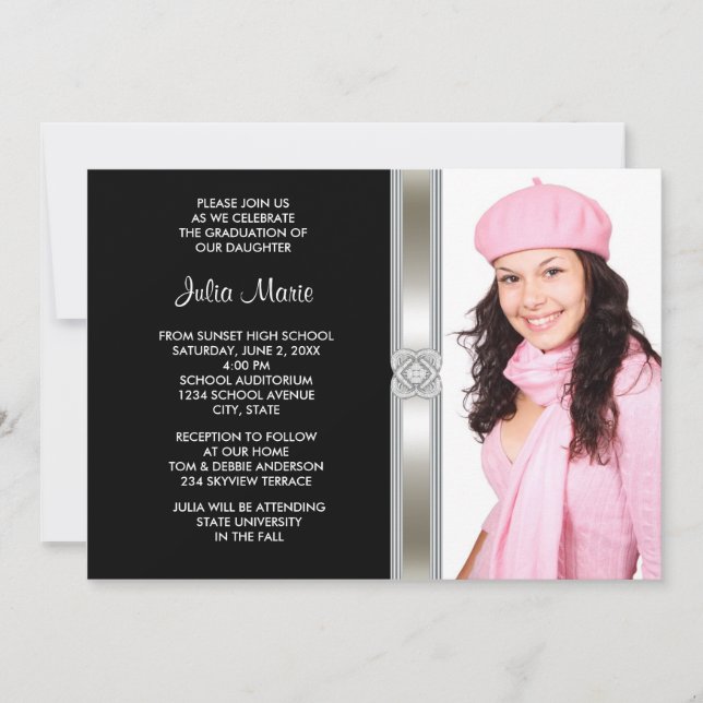 Invitation Black Silver Diamond Girl Photo Graduation (Devant)