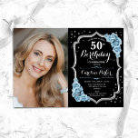 Invitation Black Silver Dusty Blue Photo 50e anniversaire<br><div class="desc">Elégante invitation à 50ème anniversaire fleurie avec votre photo. Noir noir poussiéreux bleu clair design avec fausse parties scintillant argent. Comprend des roses bleus, des caractères de script et des confettis. Parfait pour une fête anniversaire adulte élégante. Personnalisez avec vos propres détails. Peut être customisé pour n'importe quel âge !...</div>