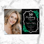 Invitation Black Silver Emerald Green Photo 50e anniversaire<br><div class="desc">Elégante invitation à 50ème anniversaire fleurie avec votre photo. Glam noir & vert émeraude design avec fausse parties scintillant argent. Comprend des roses verts, des caractères de script et des confettis. Parfait pour une fête anniversaire adulte élégante. Personnalisez avec vos propres détails. Peut être customisé pour n'importe quel âge !...</div>