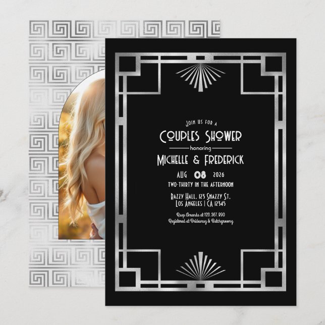 Invitation Black & Silver Gatsby Art Deco Couples Shower (Devant / Derrière)