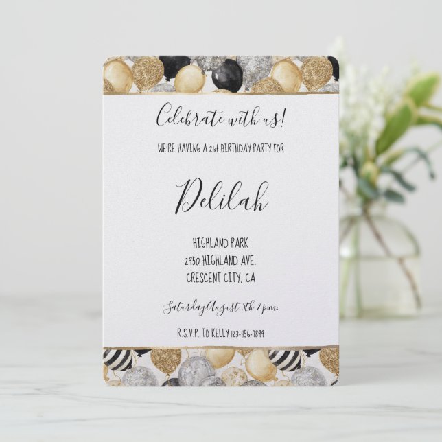 Invitation Black Silver Gold Glam Balloons Birthday (Debout devant)