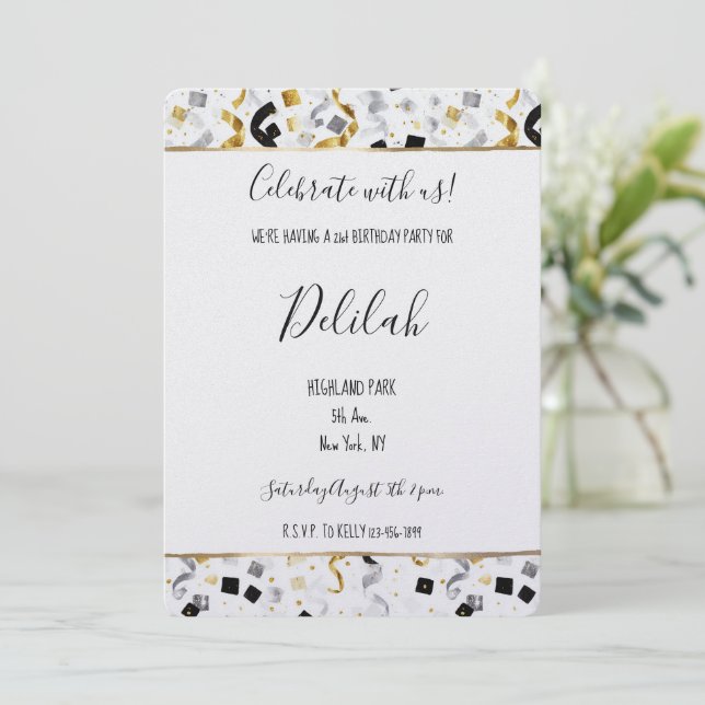 Invitation Black Silver Gold Glam Confetti Birthday (Debout devant)