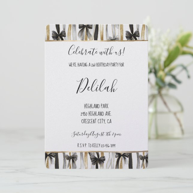 Invitation Black Silver Gold Glam Ribbons & Bows Birthday (Debout devant)