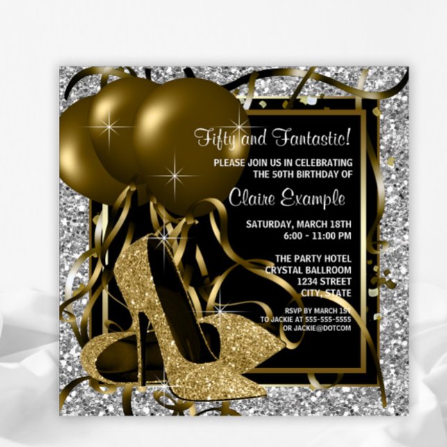 Invitation Black Silver Gold talons hauts femmes fête d'anniv (You can change the wording and font style as needed on this any occasion invitation.)