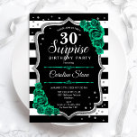 Invitation Black Silver Green Surprise 30e anniversaire<br><div class="desc">Invitation de fête du 30e anniversaire surprise. Design noir féminin, blanc et vert émeraude avec faux argent parties scintillant. Comprend des rayures en noir et blanc, des roses, des caractères de script et des confettis. Parfait pour une célébration anniversaire féminine élégante. Peut être personnalisé pour montrer n'importe quel âge. Invitations...</div>