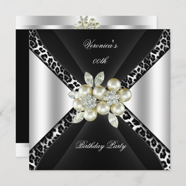 Invitation Black Silver Leopard Pearl Jewel Anniversaire (Devant / Derrière)