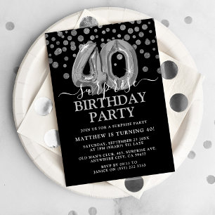 Invitation Black & Silver moderne 40e fête d'anniversaire sur